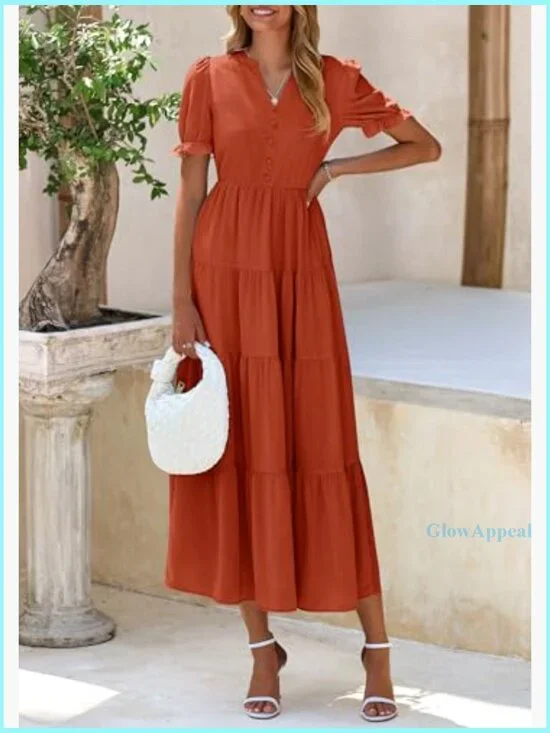 Summer Casual V-Neck Midi Dress A-Line Tiered Wedding Guest - Picture 3 of 7